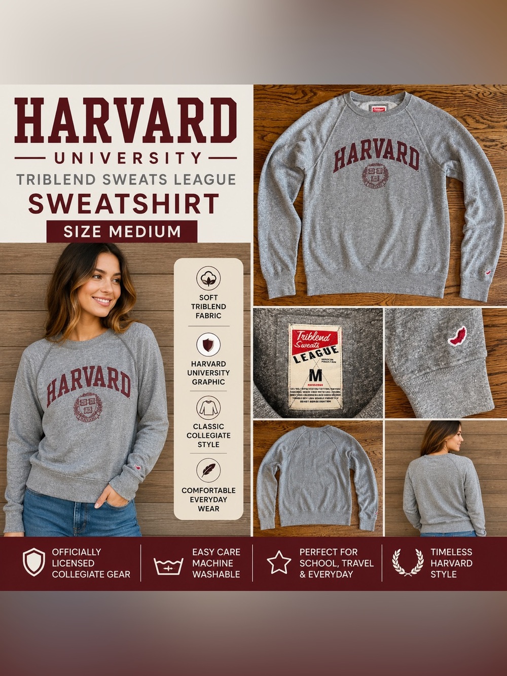 Harvard University League Triblend Sweatshirt Gray Crimson Size Medium